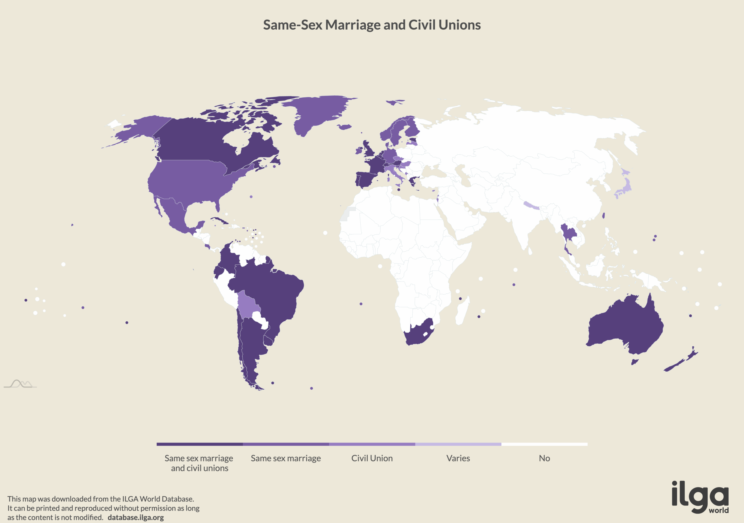 L'image est une carte de l'ILGA intitulié "legal recognition of same-sex couples (marriage equality and civil unions)". Elle consiste en un planisphère relevant les pays reconnaissant les unions de personnes de même sexe. On peut y voir que sur le continent Eurasiatique, seule les pays d'Europe reconnaissent l'union homosexuel. En Afrique, seul le pays d'Afrique du Sud le reconnait. Aux Amériques, les seuls seuls le Vénézuala et le Pérou semblent ne pas reconnaitre l'union de personnes de même sexe.